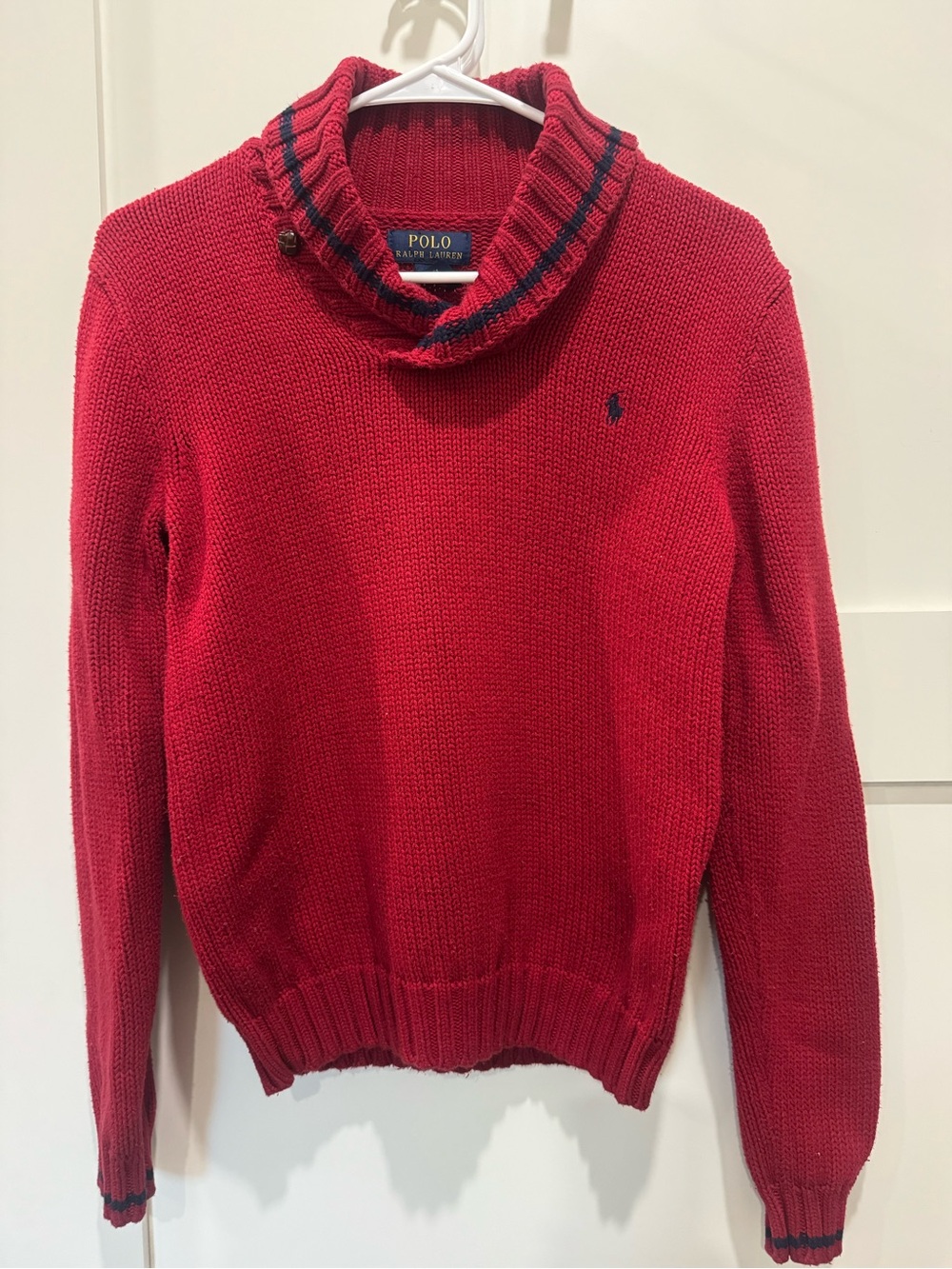 Polo by Ralph Lauren Red knit Shawl Collar Sweater Fits women’s size Small.